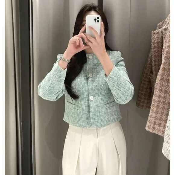 ZARA TEXTURED CROP BLAZER GREEN / ECRU XL NWT - Picture 7 of 10